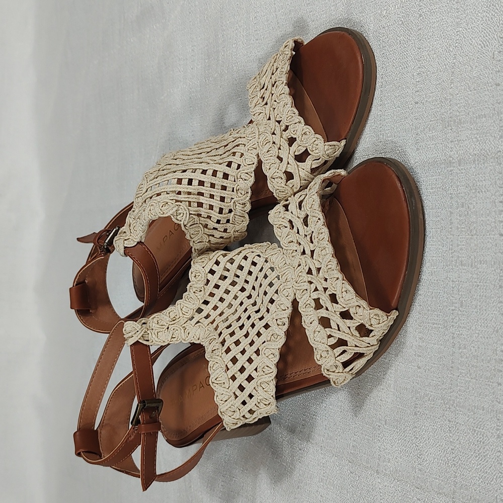 Rampage Ram Halsy Tan Cream Crochet Boho Leather Strappy Heel Open Toe Size 9.5M